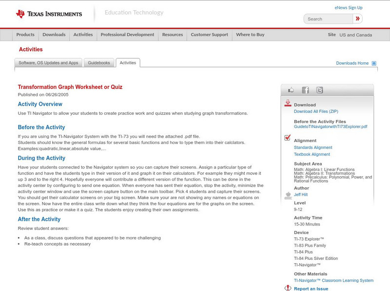 Texas Instruments: Transformation Graph Worksheet or Quiz Activity