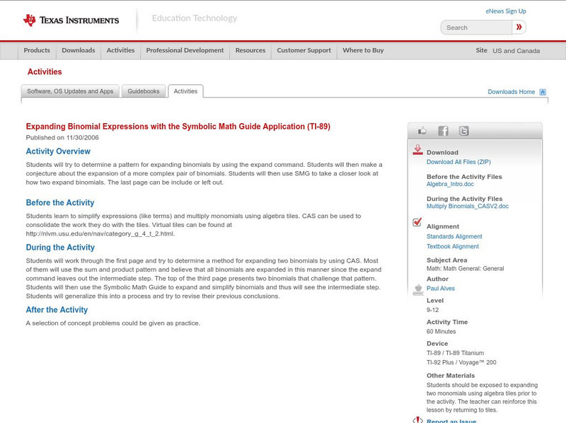 Texas Instruments: Expanding Binomial Expressions With Symbolic Math Guide App Activity