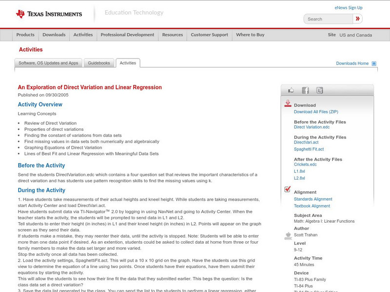 Texas Instruments: An Exploration of Direct Variation and Linear Regression Activity Texas Instruments: An Exploration of Direct Variation and Linear Regression Activity