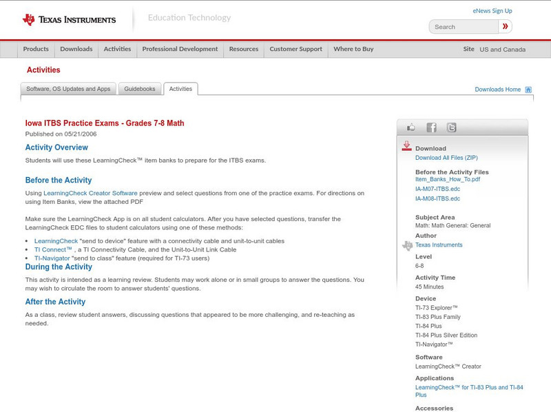 Texas Instruments: Iowa Itbs Practice Exams Grades 7 8 Math Activity