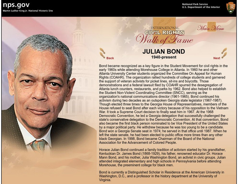 National Park Service: International Civil Rights Walk of Fame: Julian Bond Handout National Park Service: International Civil Rights Walk of Fame: Julian Bond Handout