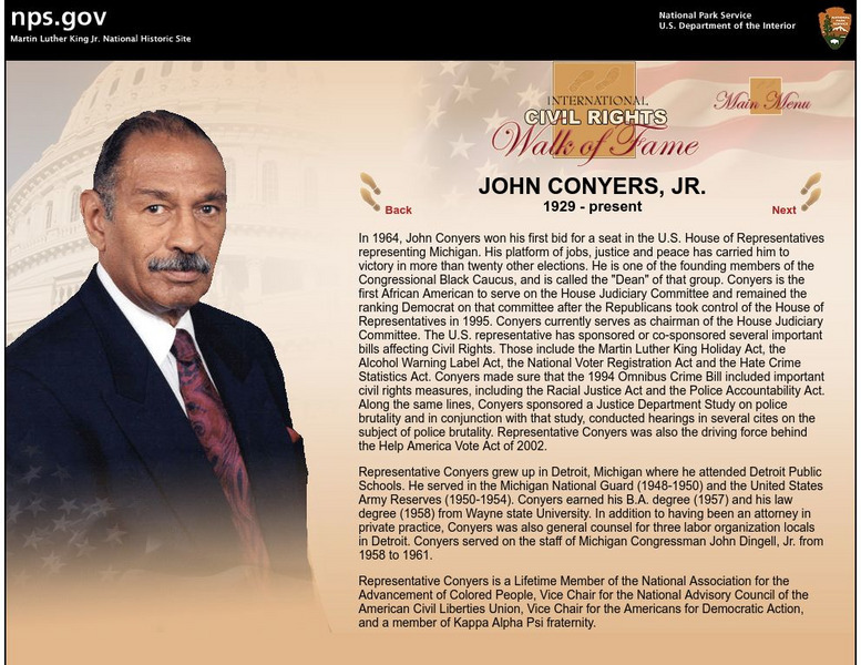 National Park Service: International Civil Rights Walk of Fame: John Conyers, Jr. Website National Park Service: International Civil Rights Walk of Fame: John Conyers, Jr. Website