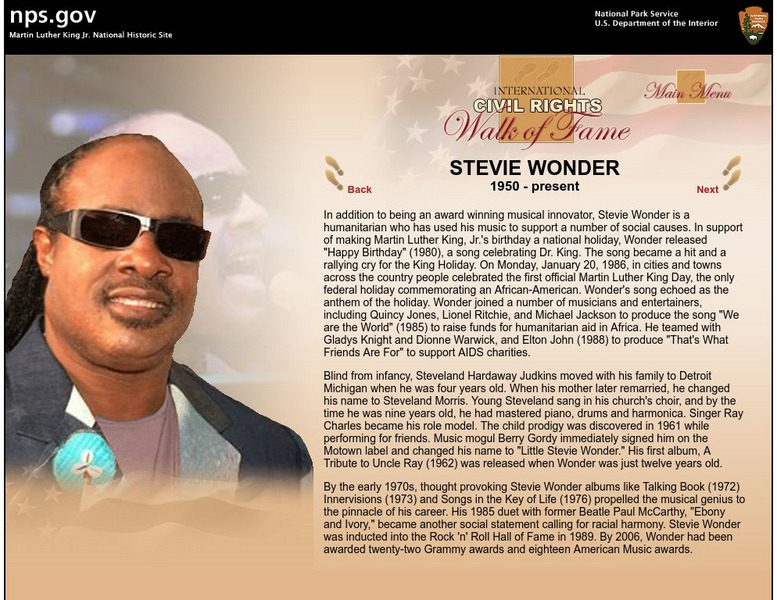 National Park Service: International Civil Rights Walk of Fame: Stevie Wonder Handout National Park Service: International Civil Rights Walk of Fame: Stevie Wonder Handout