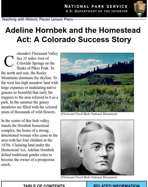 National Park Service: Adeline Hornbeck and the Homestead Act Lesson Plan National Park Service: Adeline Hornbeck and the Homestead Act Lesson Plan