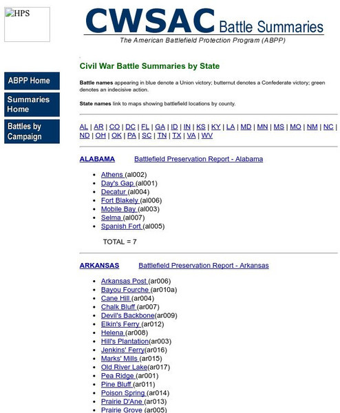 National Park Service: Cwsac: Civil War Battle Summaries by State Website National Park Service: Cwsac: Civil War Battle Summaries by State Website