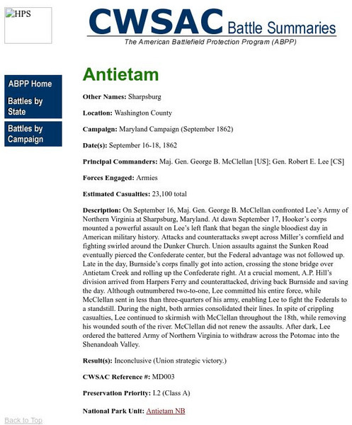 National Park Service: Cwsac: Civil War Battle Summaries: Battle of Antietam Handout National Park Service: Cwsac: Civil War Battle Summaries: Battle of Antietam Handout