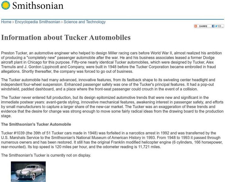 Encyclopedia Smithsonian: Information About Tucker Automobiles Handout Encyclopedia Smithsonian: Information About Tucker Automobiles Handout