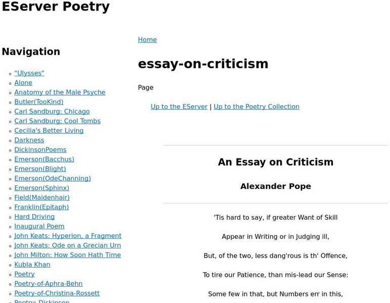 E Server: Poetry Collection: "An Essay on Criticism" by Alexander Pope Primary E Server: Poetry Collection: "An Essay on Criticism" by Alexander Pope Primary