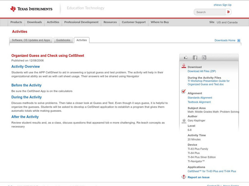 Texas Instruments: Organized Guess and Check Using Cell Sheet Activity