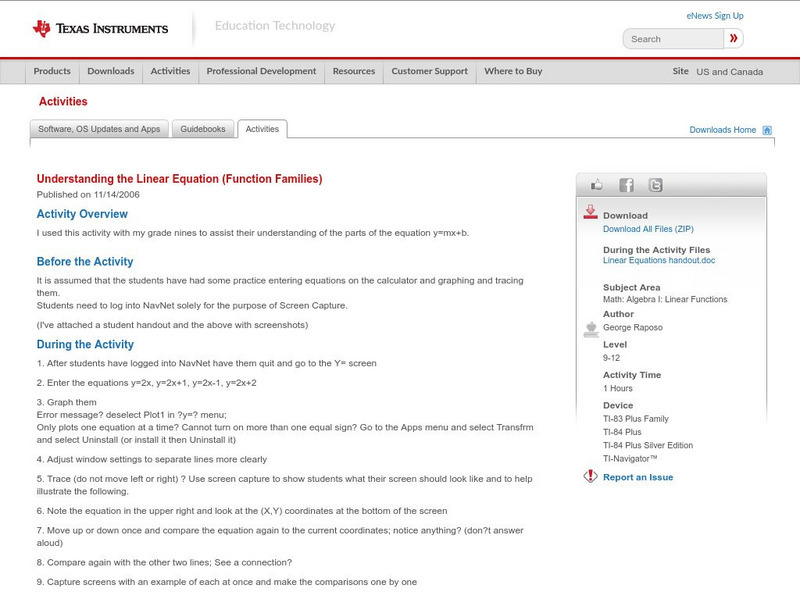 Texas Instruments: Understanding the Linear Equation (Function Families) Activity Texas Instruments: Understanding the Linear Equation (Function Families) Activity