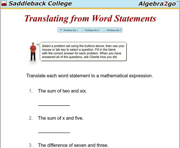 Algebra2go: Translating From Word Statements Problem Sets Unit Plan
