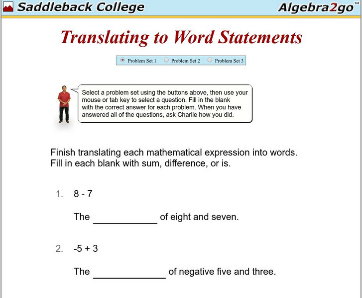 Algebra2go: Translating to Word Statements Problem Sets Unit Plan