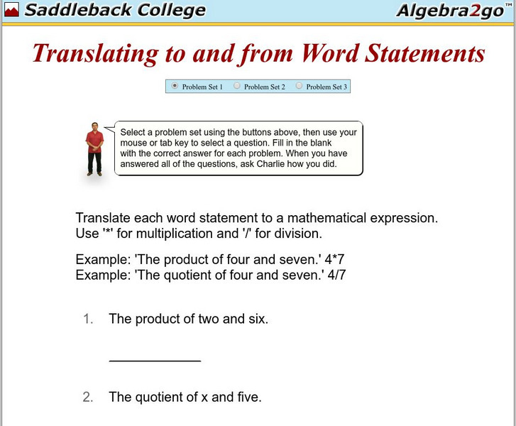 Algebra2go: Translating to and From Word Statements Problem Sets Unit Plan