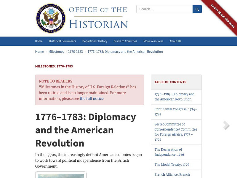 Office of the Historian: 1776 1783: Diplomacy and the American Revolution Website