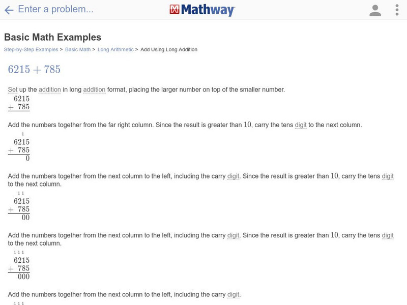 Mathway: Basic Math Examples: Long Addition Handout Mathway: Basic Math Examples: Long Addition Handout
