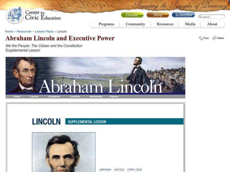 Center for Civic Education: Abraham Lincoln and Executive Power Lesson Plan Center for Civic Education: Abraham Lincoln and Executive Power Lesson Plan