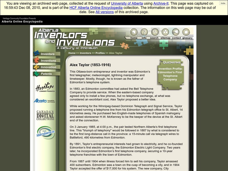 Alberta Online Encyclopedia: Alberta Inventors and Inventions: Alex Taylor Handout Alberta Online Encyclopedia: Alberta Inventors and Inventions: Alex Taylor Handout
