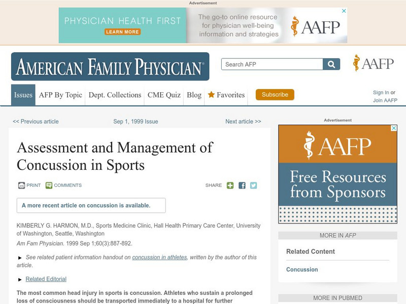 Aafp: Assessment and Management of Concussion in Sports Article Aafp: Assessment and Management of Concussion in Sports Article