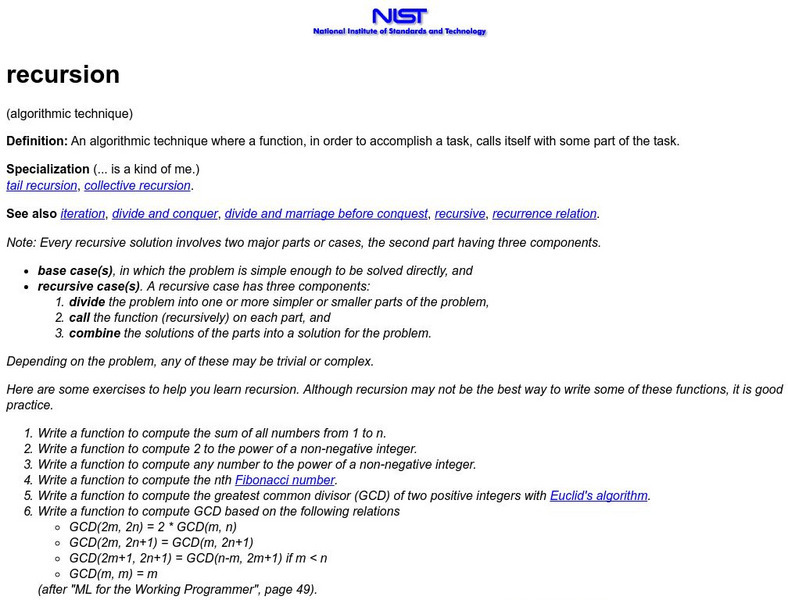 Dictionary of Algorithms and Data Structures: Recursion Website Dictionary of Algorithms and Data Structures: Recursion Website