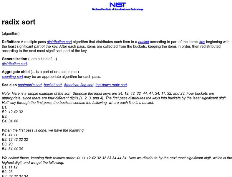 Dictionary of Algorithms and Data Structures: Radix Sort Website Dictionary of Algorithms and Data Structures: Radix Sort Website