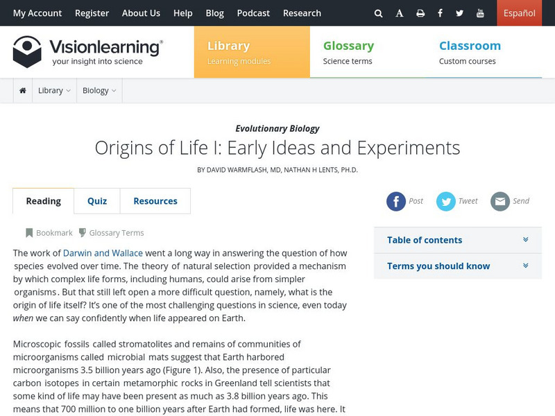 Visionlearning: Evolutionary Biology: Origins of Life: Early Ideas Unit Plan