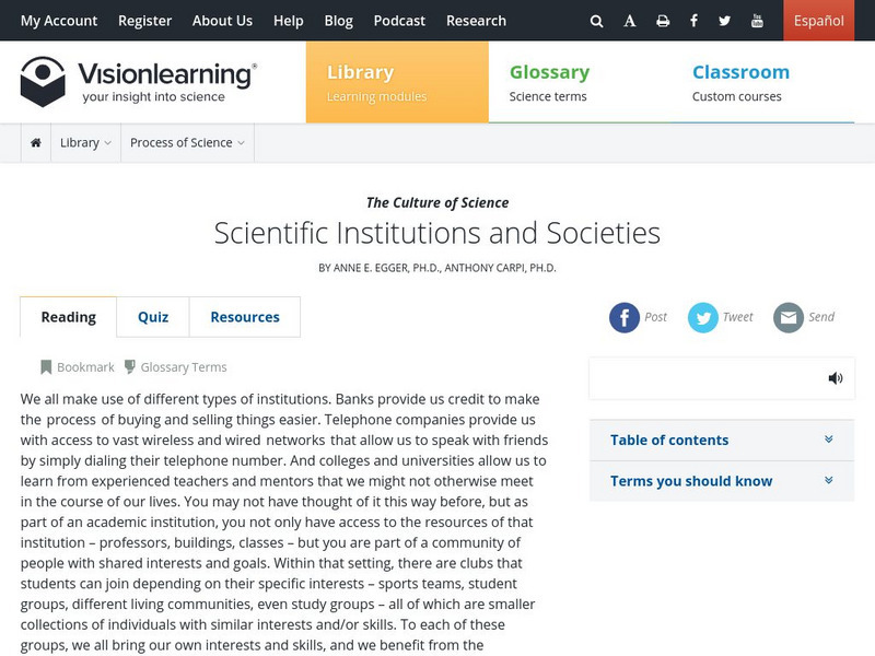Visionlearning: Culture of Science: Scientific Institutions and Societies Unit Plan