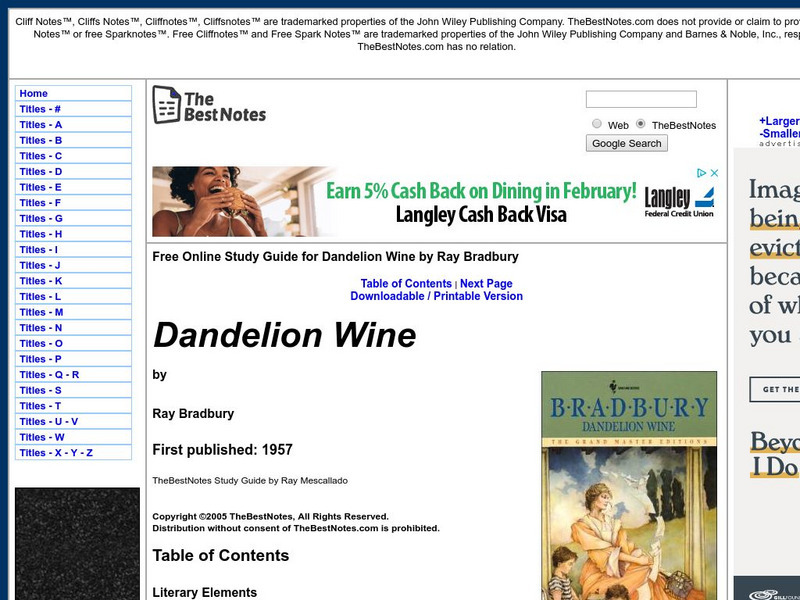The Best Notes: Dandelion Wine by Ray Bradbury Unit Plan