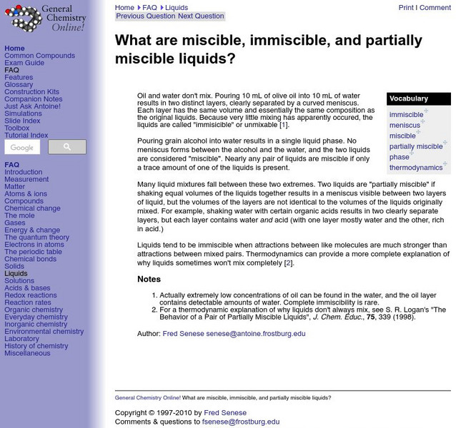 Frostburg State University: Miscible & Immiscible Liquids Handout Frostburg State University: Miscible & Immiscible Liquids Handout