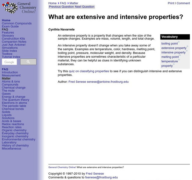 General Chemistry: Extensive and Intensive Properties Handout General Chemistry: Extensive and Intensive Properties Handout