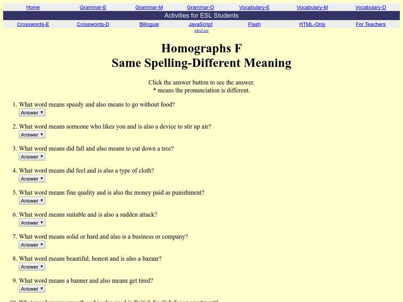 Activities for Esl Students/ Homographs F Same Spelling Different Meaning Unknown Type Activities for Esl Students/ Homographs F Same Spelling Different Meaning Unknown Type