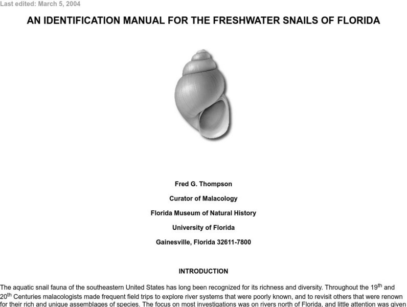 Ufl: Fieldguide to the Freshwater Snails of Florida Handout Ufl: Fieldguide to the Freshwater Snails of Florida Handout