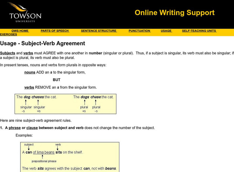Towson University: Online Writing Support: Usage Subject Verb Agreement Handout Towson University: Online Writing Support: Usage Subject Verb Agreement Handout