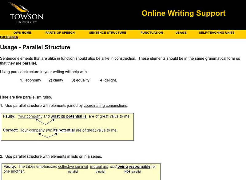 Towson University: Online Writing Support: Usage Parallel Structure Handout Towson University: Online Writing Support: Usage Parallel Structure Handout