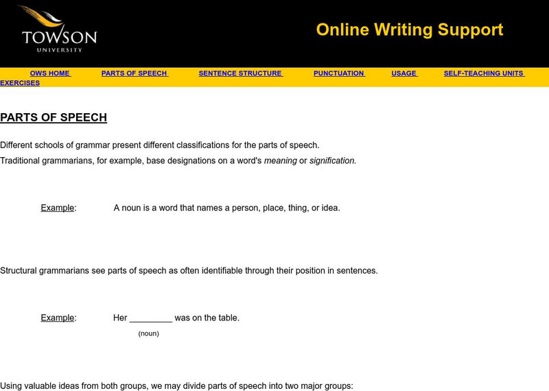 Towson University: Online Writing Support: Parts of Speech Handout Towson University: Online Writing Support: Parts of Speech Handout