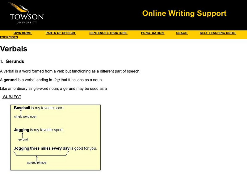 Towson University: Online Writing Support: Verbals Handout Towson University: Online Writing Support: Verbals Handout