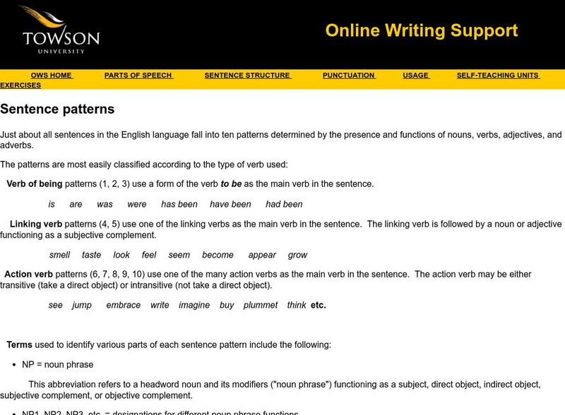 Towson University: Online Writing Support: Sentence Patterns Handout Towson University: Online Writing Support: Sentence Patterns Handout