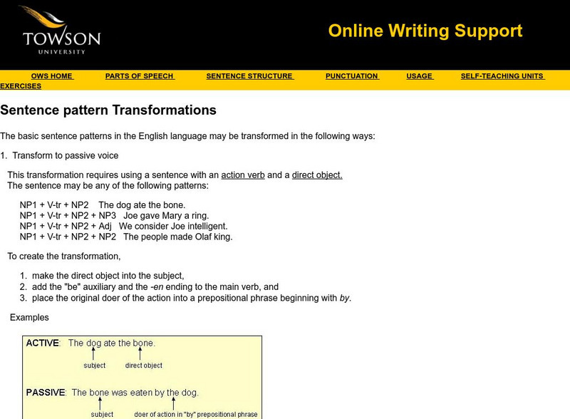 Towson University: Online Writing Support: Sentence Pattern Transformations Handout Towson University: Online Writing Support: Sentence Pattern Transformations Handout