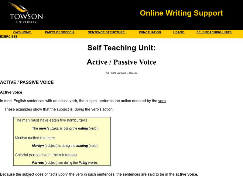 Towson University: Ows: Self Teaching Unit: Active / Passive Voice Unit Plan Towson University: Ows: Self Teaching Unit: Active / Passive Voice Unit Plan