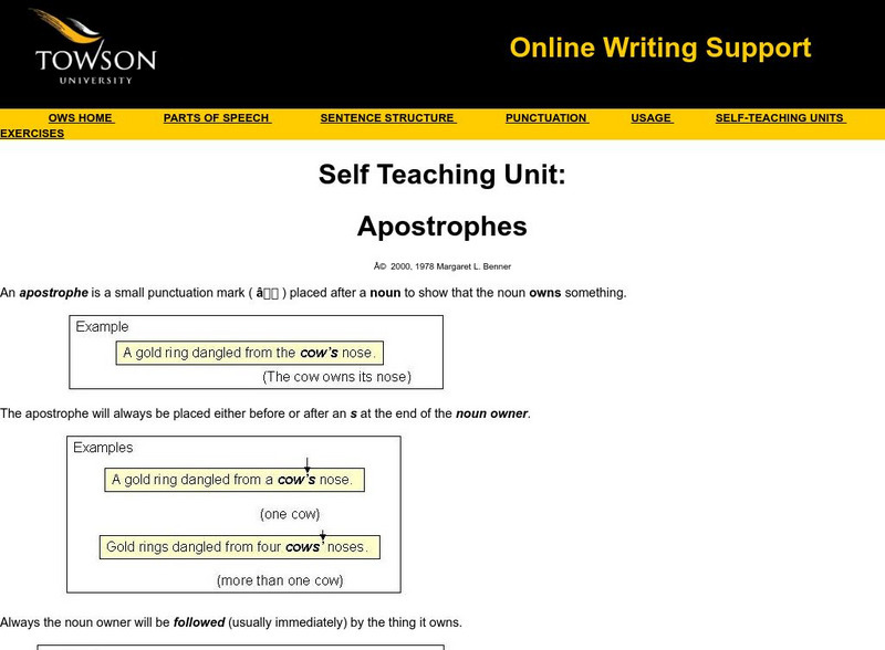 Towson University: Online Writing Support: Self Teaching Units: Apostrophes Unit Plan Towson University: Online Writing Support: Self Teaching Units: Apostrophes Unit Plan