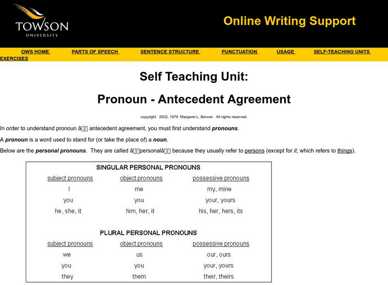 Towson University: Ows: Self Teaching Unit: Pronoun Antecedent Agreement Unit Plan