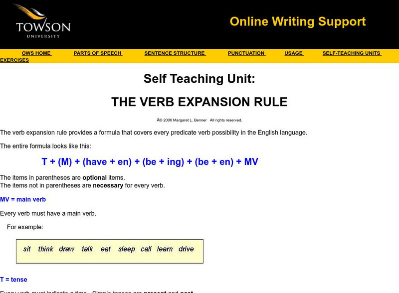 Towson University: Ows: Self Teaching Unit: The Verb Expansion Rule Unit Plan Towson University: Ows: Self Teaching Unit: The Verb Expansion Rule Unit Plan