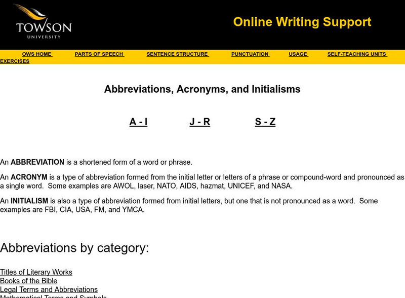 Towson University: Ows: Abbreviations, Acronyms, and Initialisms Handout Towson University: Ows: Abbreviations, Acronyms, and Initialisms Handout
