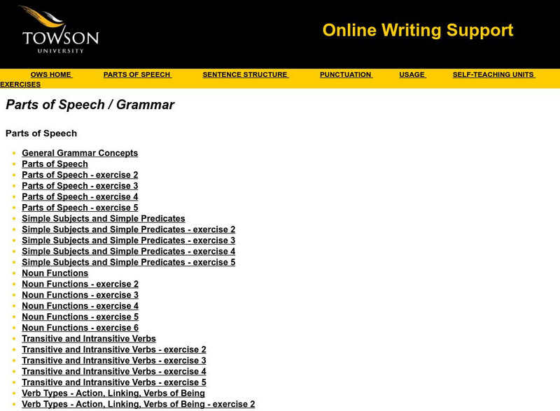 Towson University: Online Writing Support: Parts of Speech / Grammar Exercises Unknown Type Towson University: Online Writing Support: Parts of Speech / Grammar Exercises Unknown Type