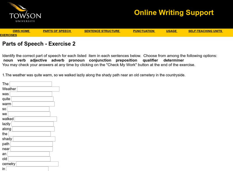 Towson University: Ows: Parts of Speech Exercise 2 Unknown Type Towson University: Ows: Parts of Speech Exercise 2 Unknown Type