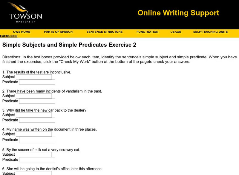 Towson University: Ows: Simple Subjects and Simple Predicates Exercise 2 Unknown Type Towson University: Ows: Simple Subjects and Simple Predicates Exercise 2 Unknown Type