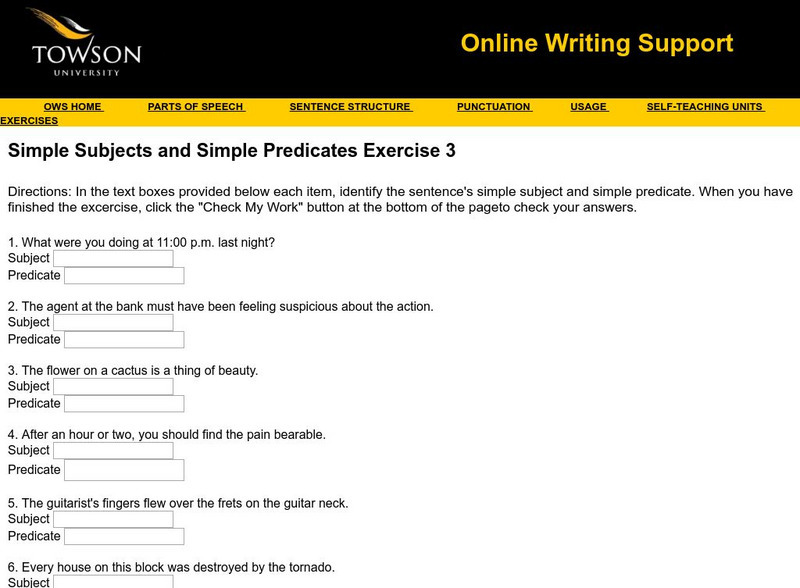 Towson University: Ows: Simple Subjects and Simple Predicates Exercise 3 Unknown Type Towson University: Ows: Simple Subjects and Simple Predicates Exercise 3 Unknown Type