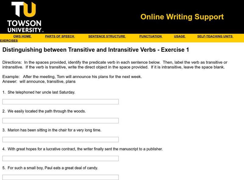 Towson University: Ows: Transitive and Intransitive Verbs Exercise 1 Unknown Type