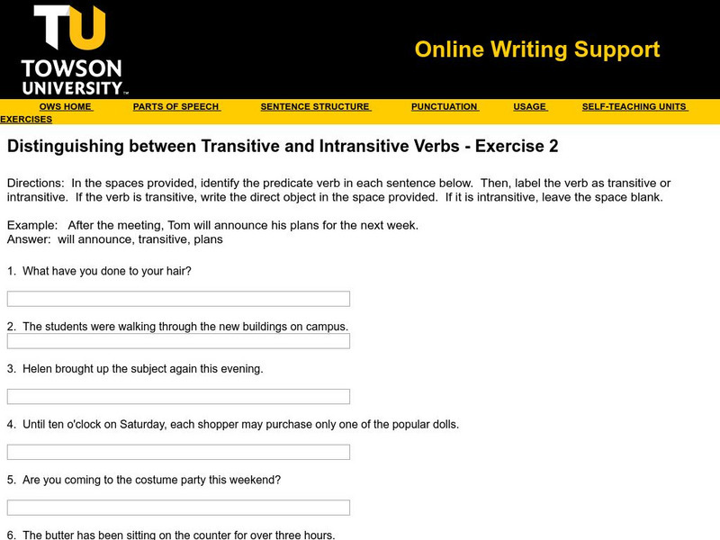 Towson University: Ows: Transitive and Intransitive Verbs Exercise 2 Unknown Type