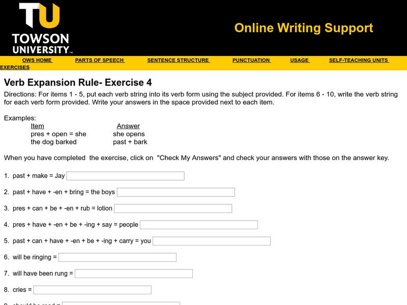 Towson University: Ows: Verb Expansion Rule Exercise 4 Unknown Type Towson University: Ows: Verb Expansion Rule Exercise 4 Unknown Type