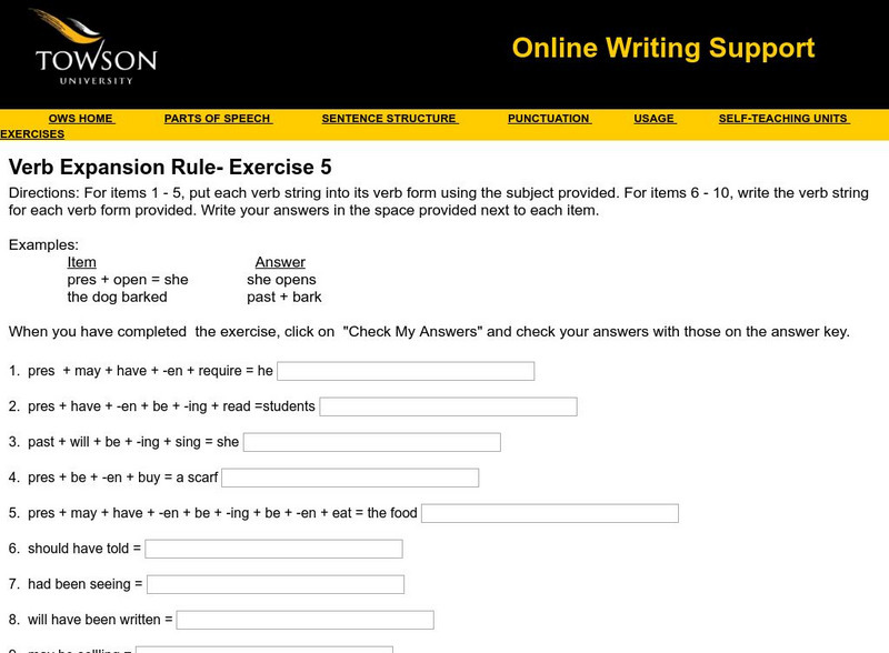 Towson University: Ows: Verb Expansion Rule Exercise 5 Unknown Type Towson University: Ows: Verb Expansion Rule Exercise 5 Unknown Type